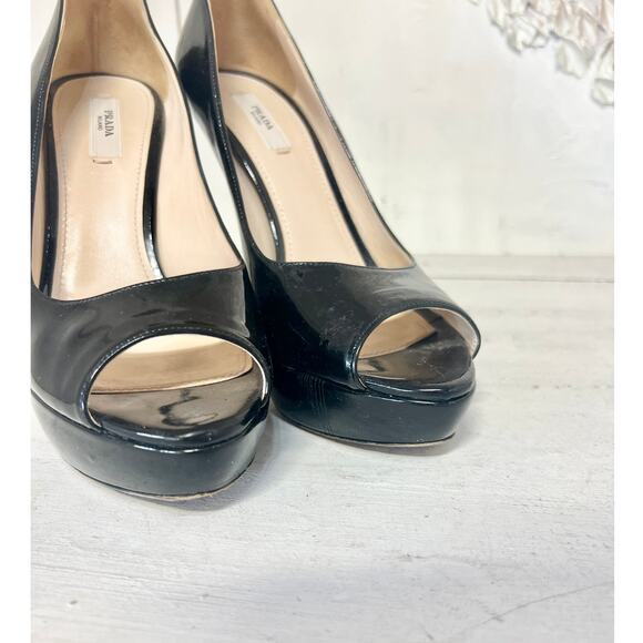 PRADA Patent Leather Slip On Peep Toe Platform Pumps Black Women's 38.5 US 8 - Picture 5 of 10